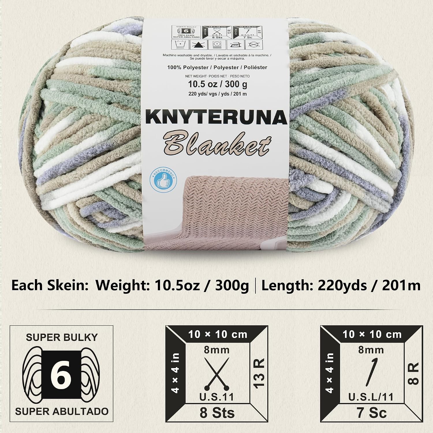 #6 Super Bulky Blanket Yarn for Crocheting - 4 Skeins(Each 10.5oz/300g. 220yds/201m). Chunky Chenille Thick Plush Big Soft Yarn for Crocheting Knitting Blankets. Cream & Sage & Grey & Khaki - Image 2