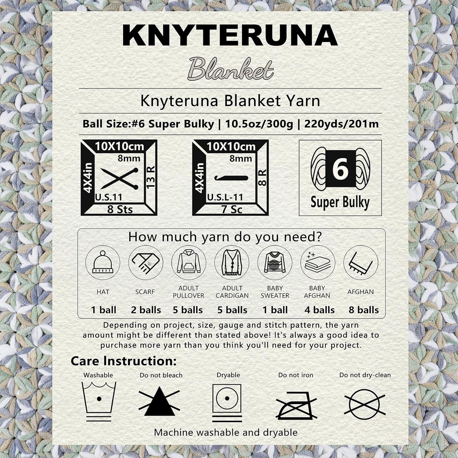 #6 Super Bulky Blanket Yarn for Crocheting - 4 Skeins(Each 10.5oz/300g. 220yds/201m). Chunky Chenille Thick Plush Big Soft Yarn for Crocheting Knitting Blankets. Cream & Sage & Grey & Khaki - Image 8