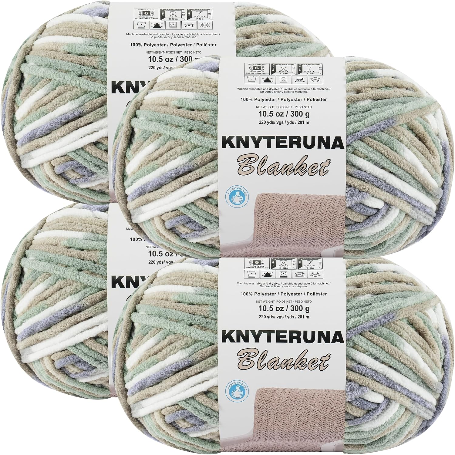 #6 Super Bulky Blanket Yarn for Crocheting - 4 Skeins(Each 10.5oz/300g. 220yds/201m). Chunky Chenille Thick Plush Big Soft Yarn for Crocheting Knitting Blankets. Cream & Sage & Grey & Khaki