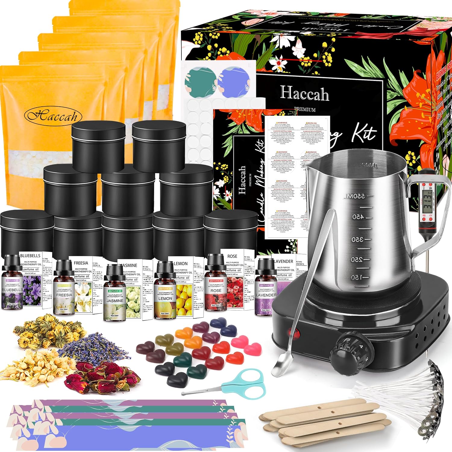 Complete Candle Making Kit with Wax Melter.Candle Making Supplies.DIY Arts&Crafts Kits Gift for Beginners.Adults.Including 500w Electronic Stove.Wicks.Wax.Rich Scents.Dyes.Melting Pot.Candle tins